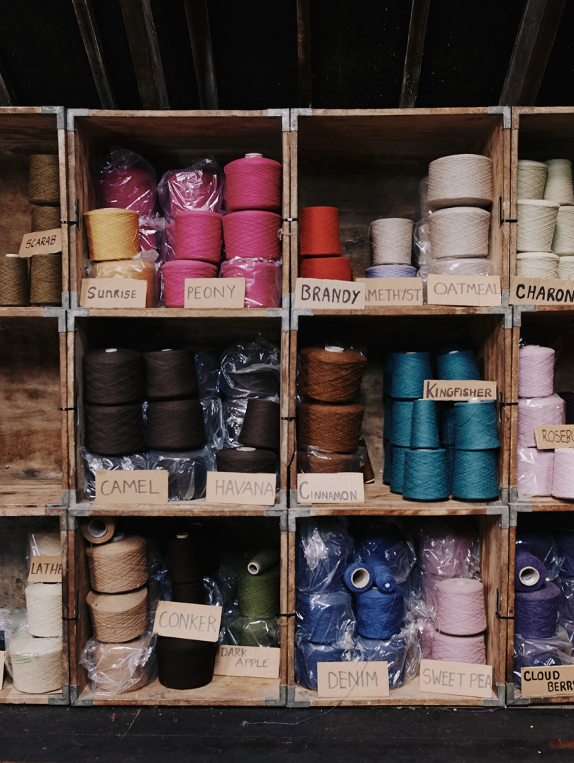Cones of different-coloured yarn, Melin Tregwynt