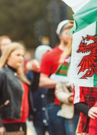 The welsh flag and people wearing welsh shirts.