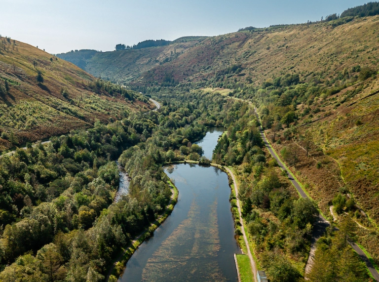 A view of the valley with a lake and trees.