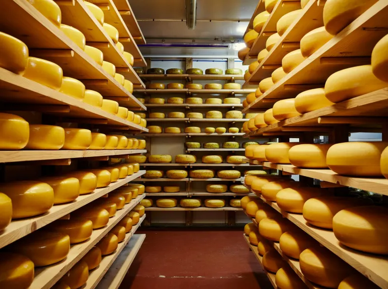 A chilled storage unit full of wheels of Welsh cheese 