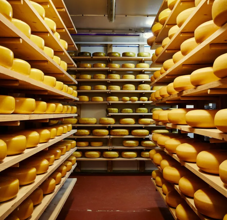 A chilled storage unit full of wheels of Welsh cheese 