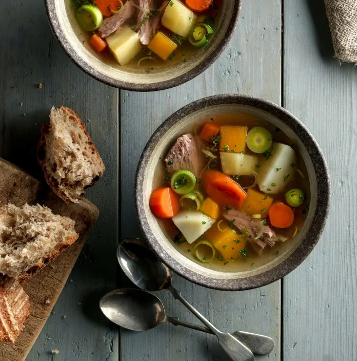 Two bowls of Welsh cawl
