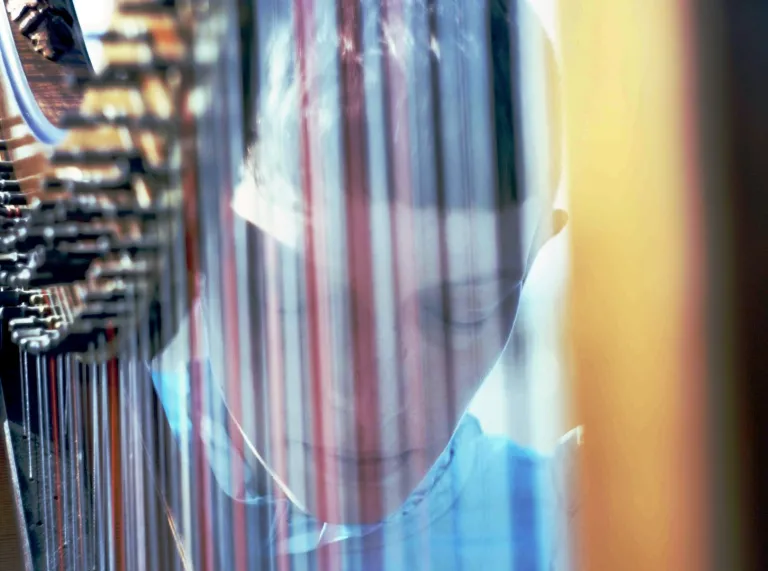A person's face through the strings of a harp