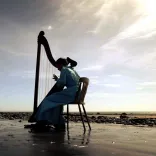 A young harp player wearing a long dress, sitting and playing a harp on a beautiful deserted beach