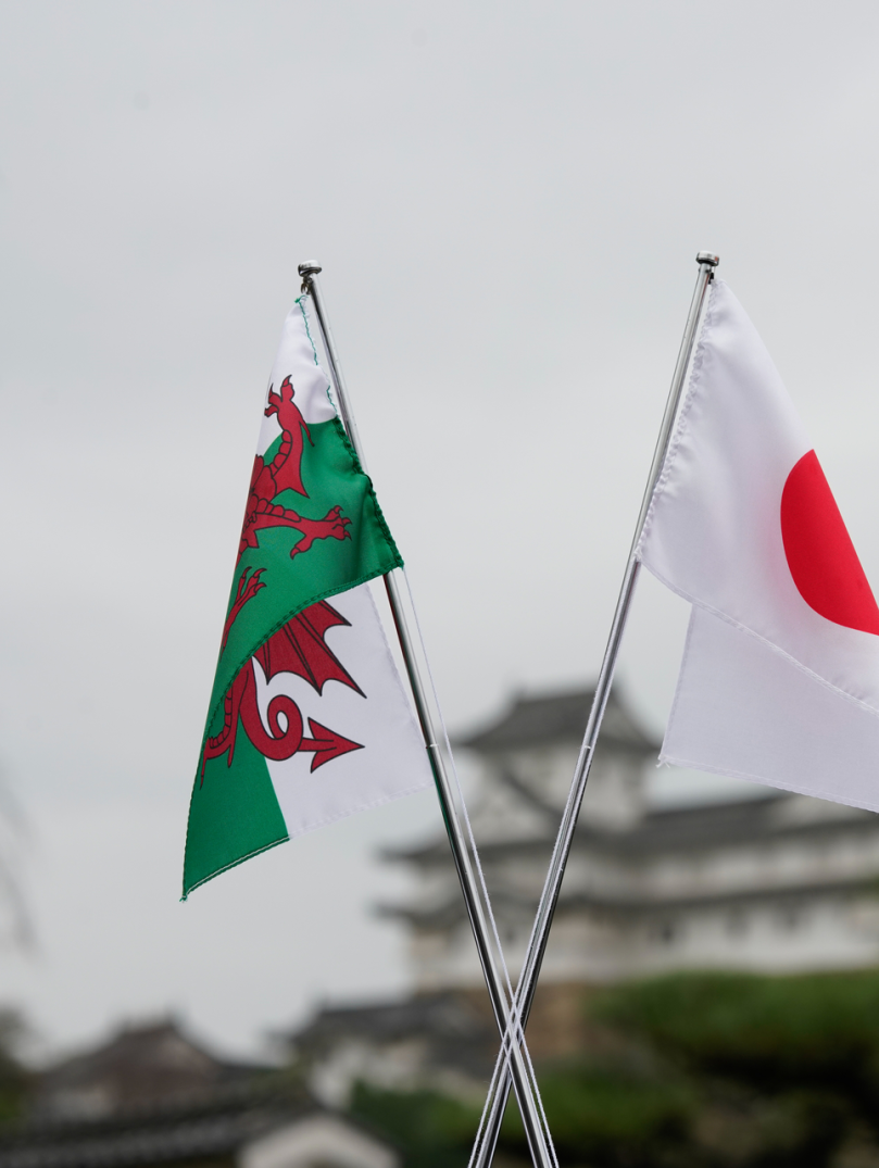 A Welsh flag and a Japanese flag in front of Himeji Castle.