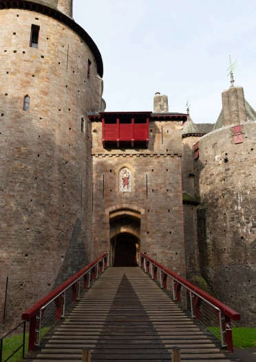 The moated entrance to a castle