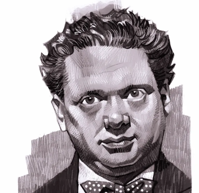 An illustrated portrait of the face of a man (Dylan Thomas) 