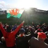 A crowd of people cheering at a football match, with a Welsh flag flying amidst them in the stadium seating