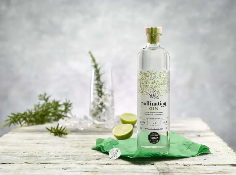 A bottle of gin on a table.