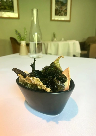 Snack: BBQ Grünkohl, Blätter, Bärlauch-Cracker, fermentierter wilder Knoblauch, Liebstöckel-Curd, braunes Zwiebelpulver