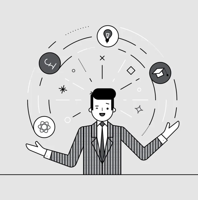 Infographic of man juggling lifestyle icons such as money and education