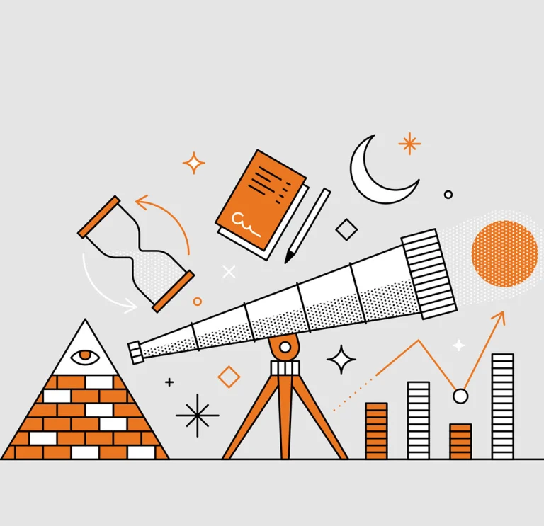 Infographic of telescope surrounded by astronomy and maths icons