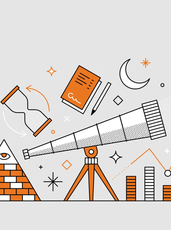 Infographie de télescope entourée d'icônes d'astronomie et de mathématiques