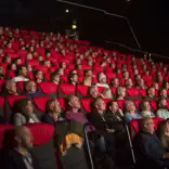 An audience in a large cinema watches a screening at the Iris Prize Festival.