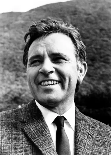 A black and white image of Richard Burton