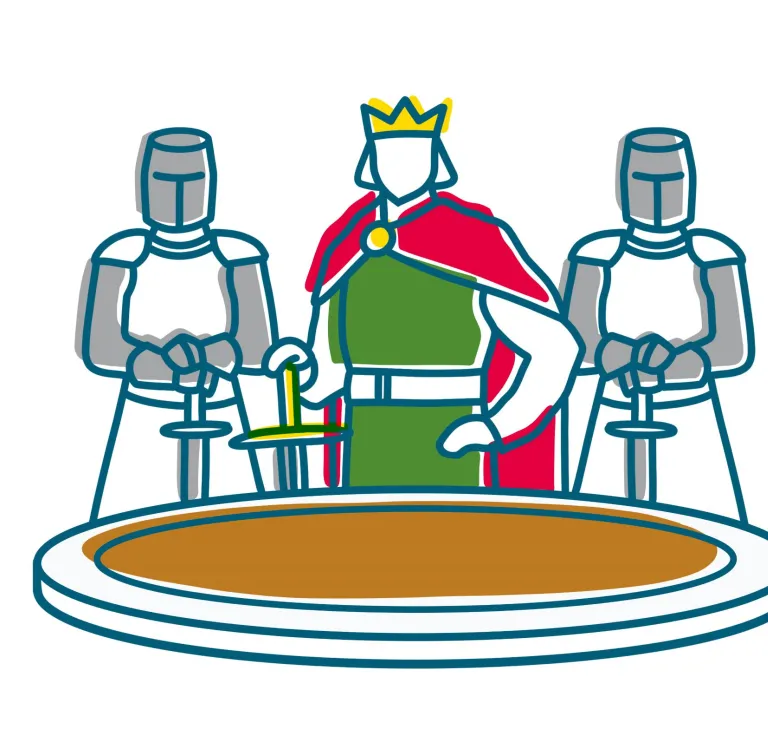 Une illustration montrant le roi Arthur et deux chevaliers debout à côté d'une table ronde