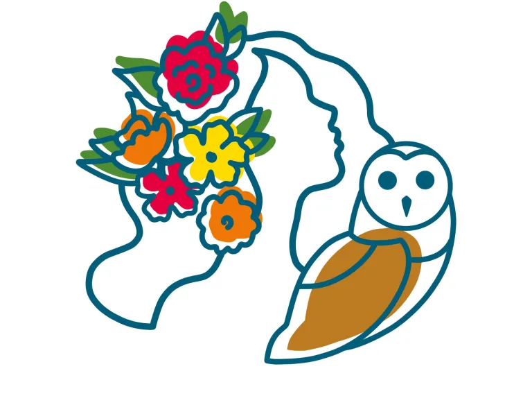 An illustration of a girl with flowers in her hair, with an owl on her shoulder