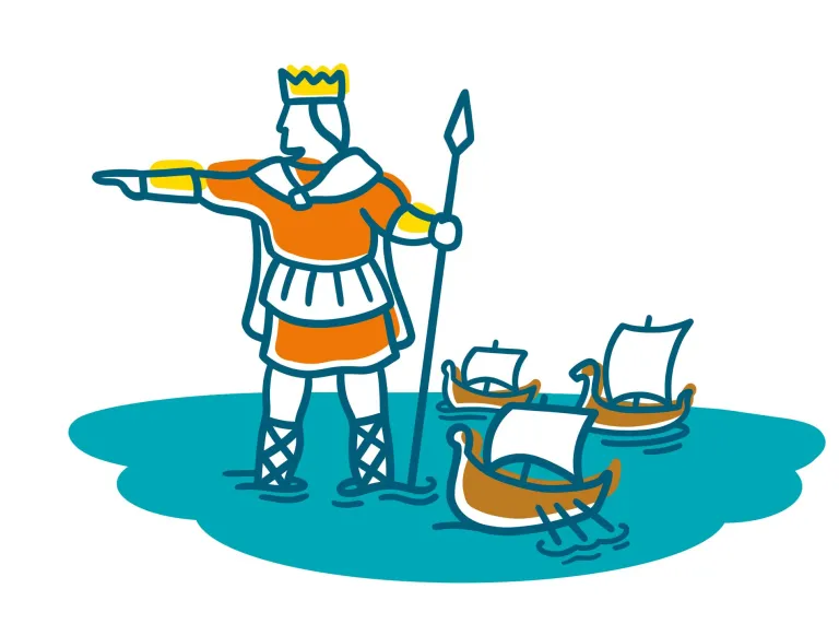 An illustration of the giant king, Bran, standing in the sea with ships around his feet