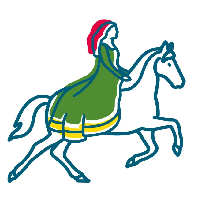An illustration of a woman with long red hair (Rhiannon) riding a white horse