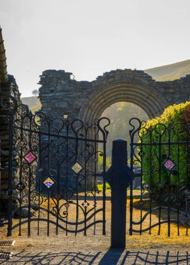View through the gates at Strata Florida Abbey, Mid Wales.