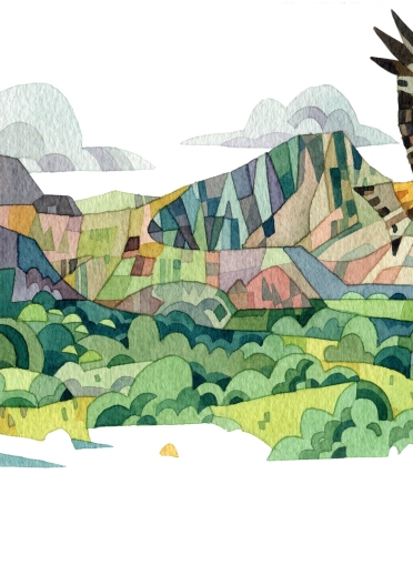Ilustración de montañas con ave de presa en vuelo