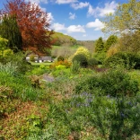 A stone cottage surrounded by trees and countryside.