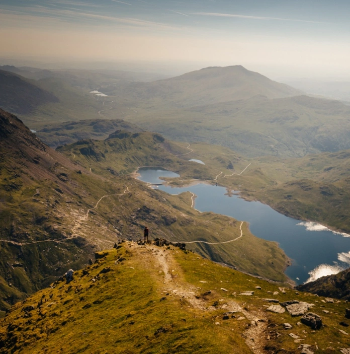 Aerial view of beautiful large lake surrounded by mountains