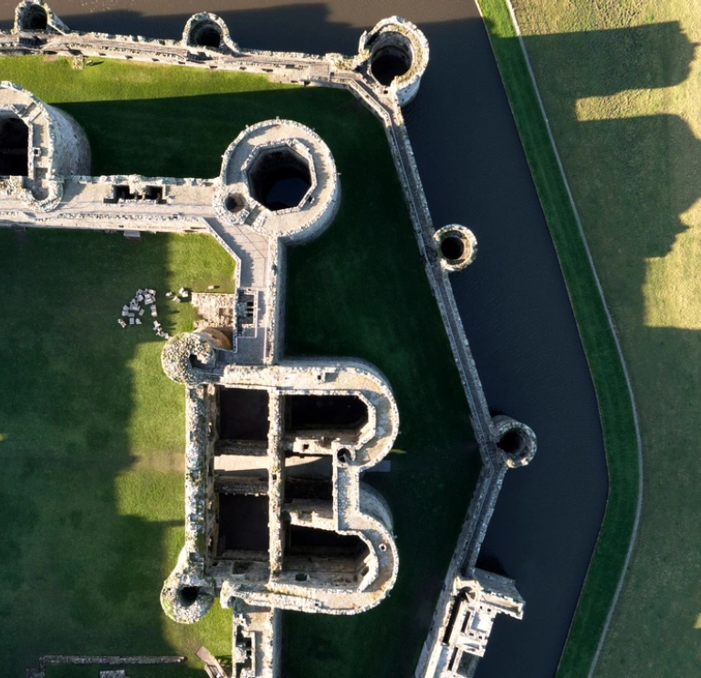 Bird's eye view of a large old castle