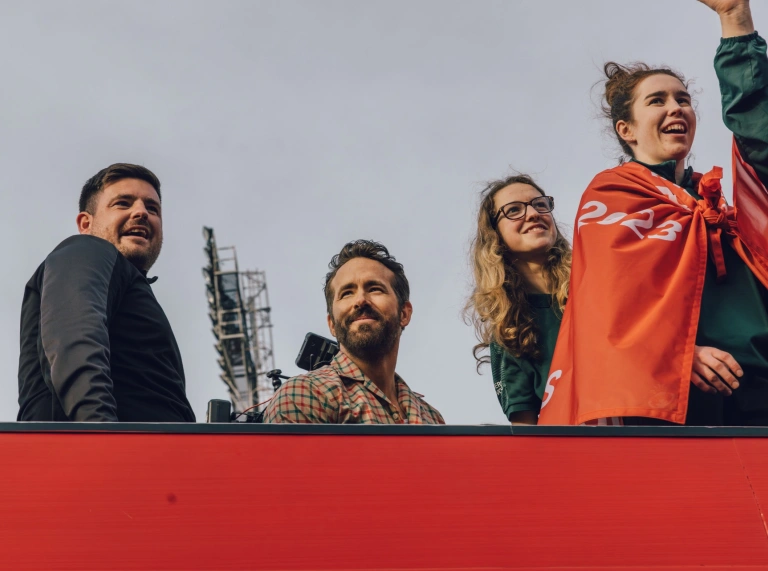 Close up of Ryan Reynolds on the Wrexham AFC victory bus