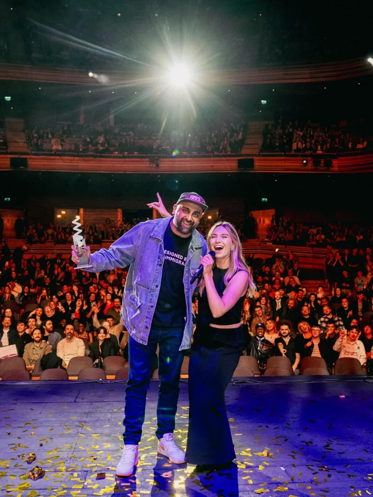 Don Leisure and Sian Eleri on stage at the Welsh Music Prize 2025