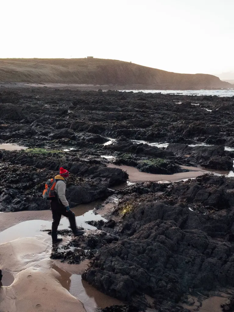 A person walking along the beach past rocks and seaweed