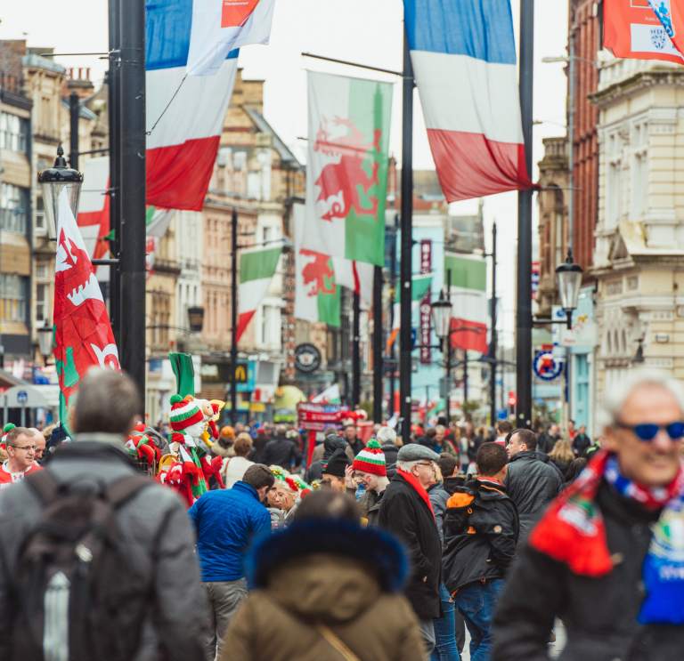 A busy street in Cardiff city centre on an international rugby day