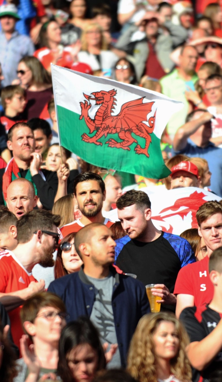 Eine Menschenmenge und eine walisische Flagge