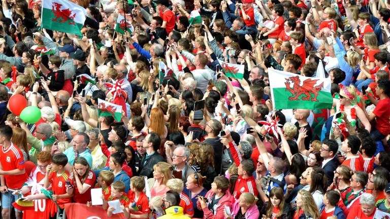 A crowd of Wales fans standing in the stands at the stadium cheering on the team