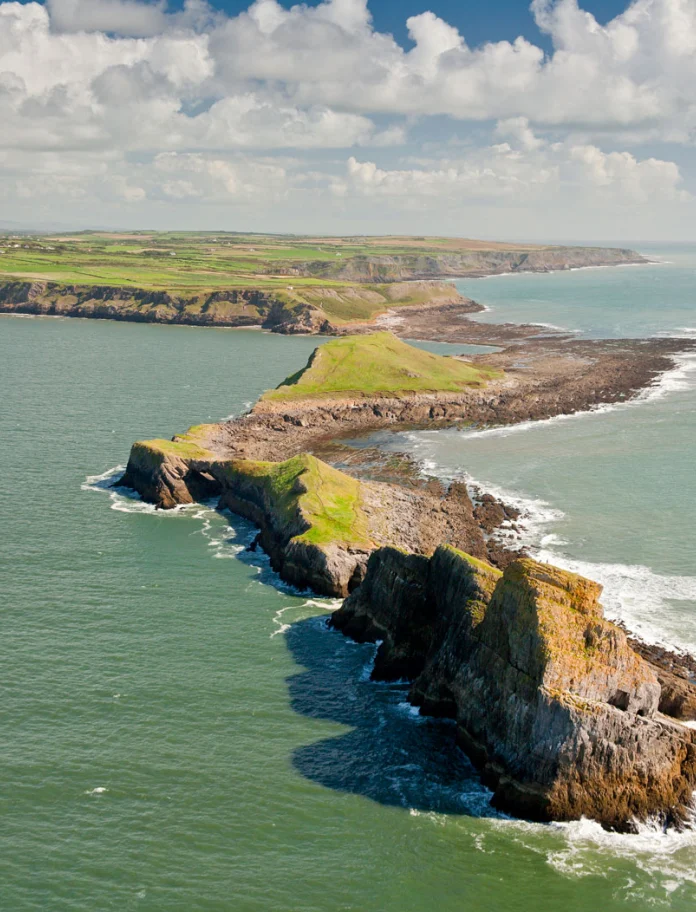 Aerial view of Worm's Head at low tide near Rhossili