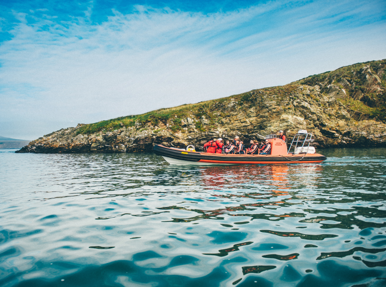 Boat of people at sea dolphin spotting off Ramsey Island, Pembrokeshire, South West Wales