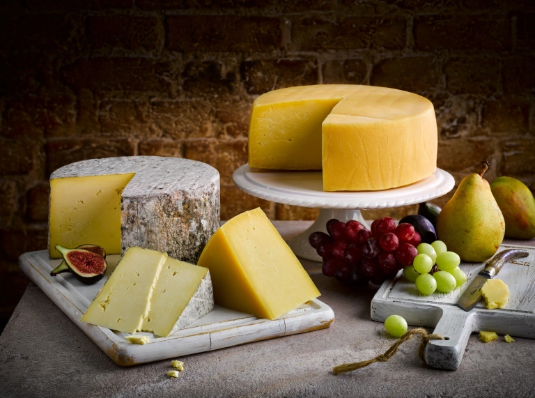 Eine Käseauswahl mit Trauben und Feigen.