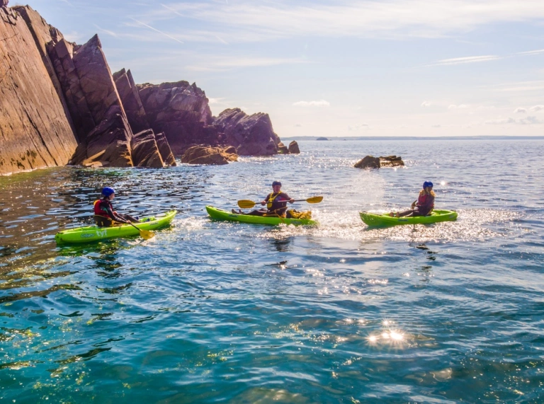 Un groupe de kayakistes au large de la côte du Pembrokeshire.