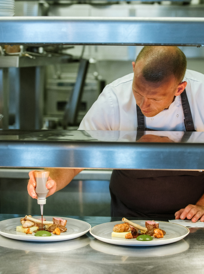 Chef Hywel Griffith at the pass at his Gower restaurant, Beach House.