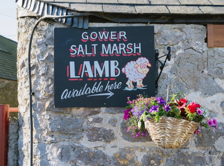 Un letrero de pizarra en una pared de piedra.