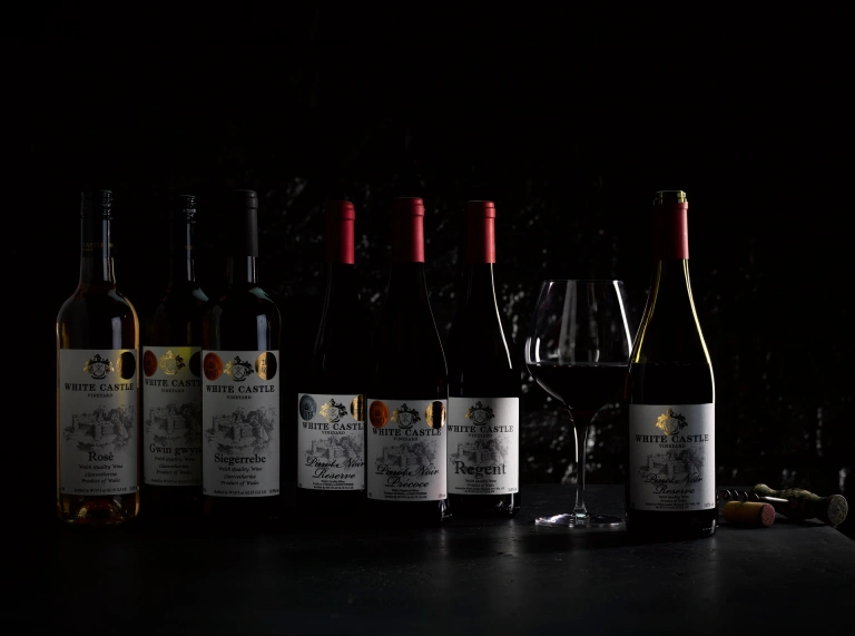 Siete botellas y vino blanco y tinto.
