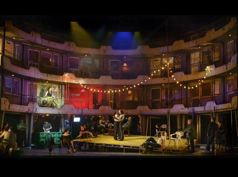 An elaborate opera production on a large ornate stage