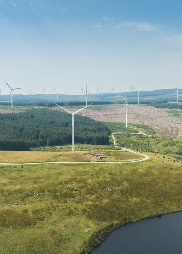 Wind farm on land next to a lake.